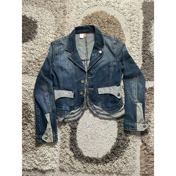 Y2K Akademiks Denim Blue Jean Cropped Blazer Jacket Women’s Medium Grunge Style - Picture 1 of 6